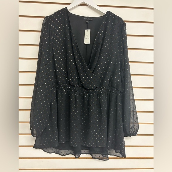 Lane Bryant Peplum Waist Blouse Size 22/24‎ Black w/Gold Polka Dots Lined V-Neck - Picture 1 of 9